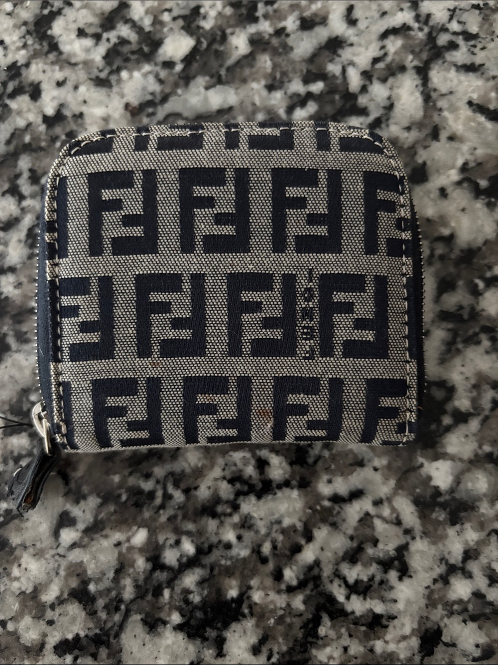 Authentic Fendi Navy and Beige FF Logo Zip coin purse